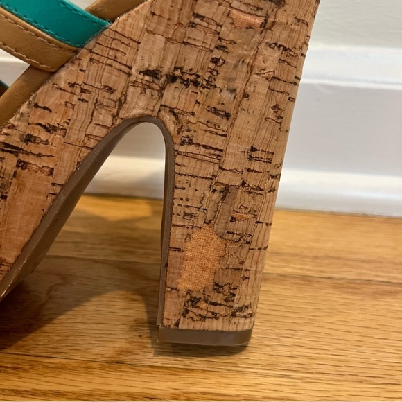 BCBGeneration Sanford Teal & Cognac Cork Platform Open Toe Sandals Size 6.5B - Picture 16 of 16
